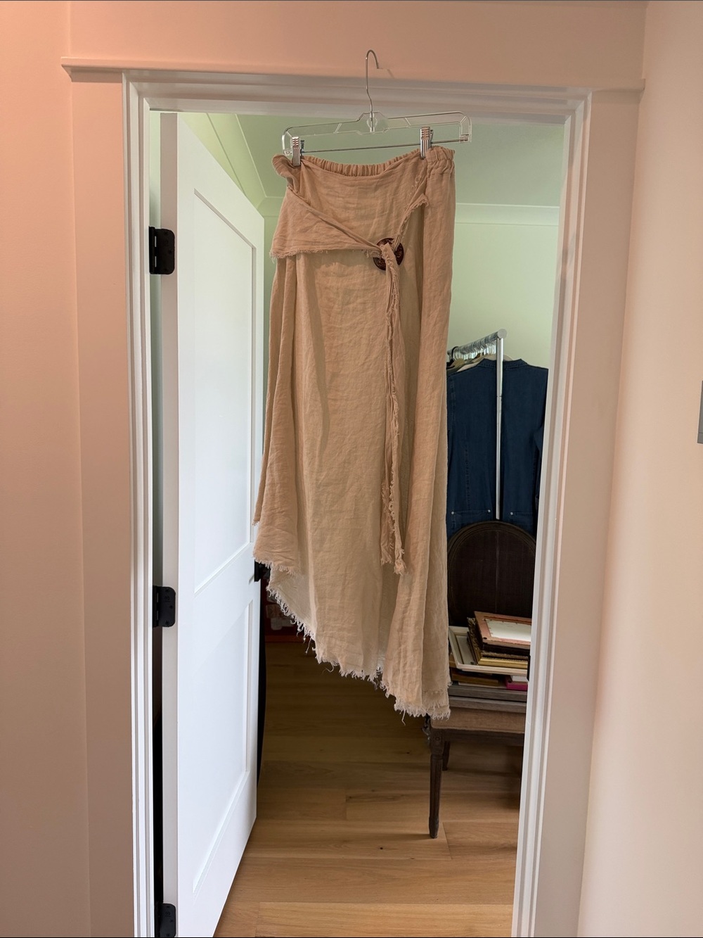 Linen natural asymmetrical maxi skirt with wooden buckle detail